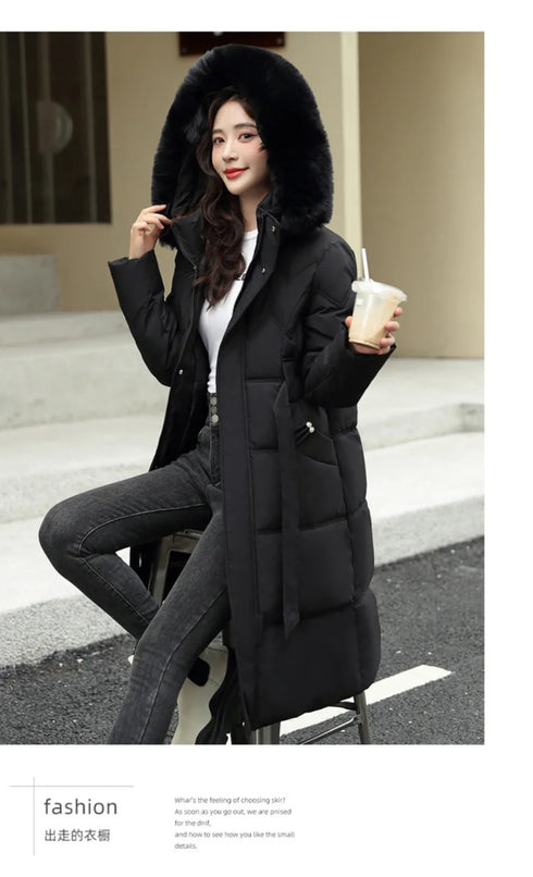 Big Fur Collar Thick Slim Coat Fashion Hooded Cotton Outerwear Long Winter Woman Coat Women's Down Parkas Winter Jacket